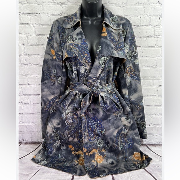 Beautiful tie dye/floral/paisley pattern faux suede wrap coat jacket size L - Picture 1 of 13